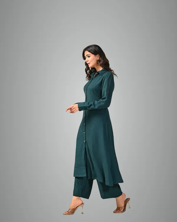 Bottle_Green_Text_Button-Down_Co-Ord_Set_For_Women