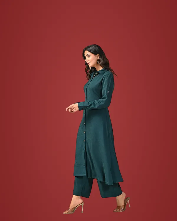 Bottle_Green_Text_Button-Down_Co-Ord_Set_For_Women