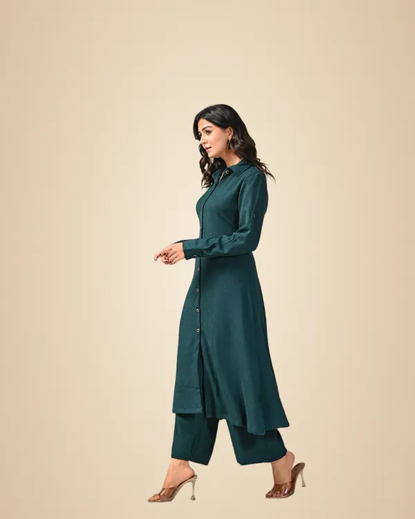 Bottle_Green_Text_Button-Down_Co-Ord_Set_For_Women