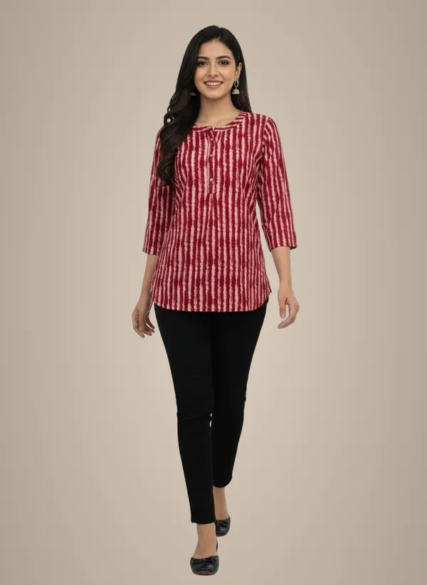 Maroon_Printed_Stripes_Short_Kurta_For_Women