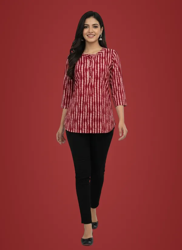 Maroon_Printed_Stripes_Short_Kurta_For_Women