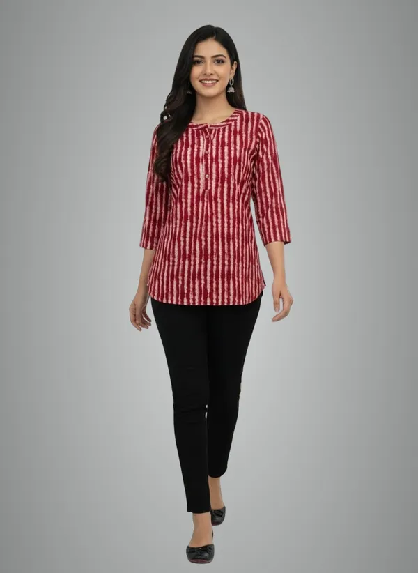 Maroon_Printed_Stripes_Short_Kurta_For_Women