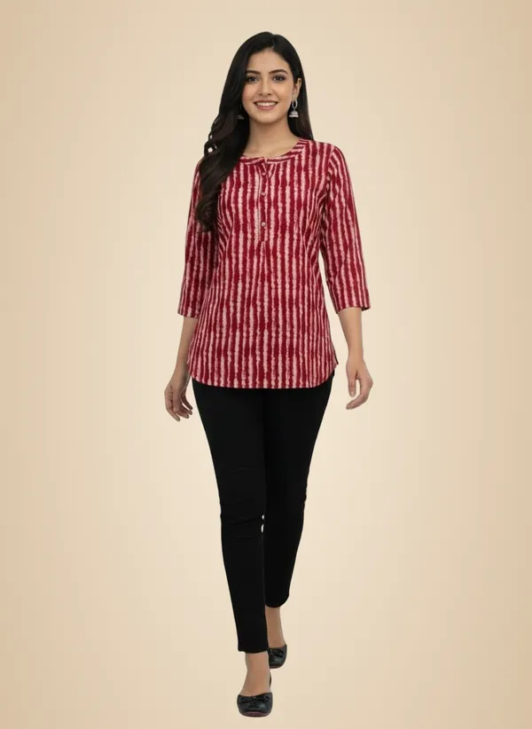 Maroon_Printed_Stripes_Short_Kurta_For_Women