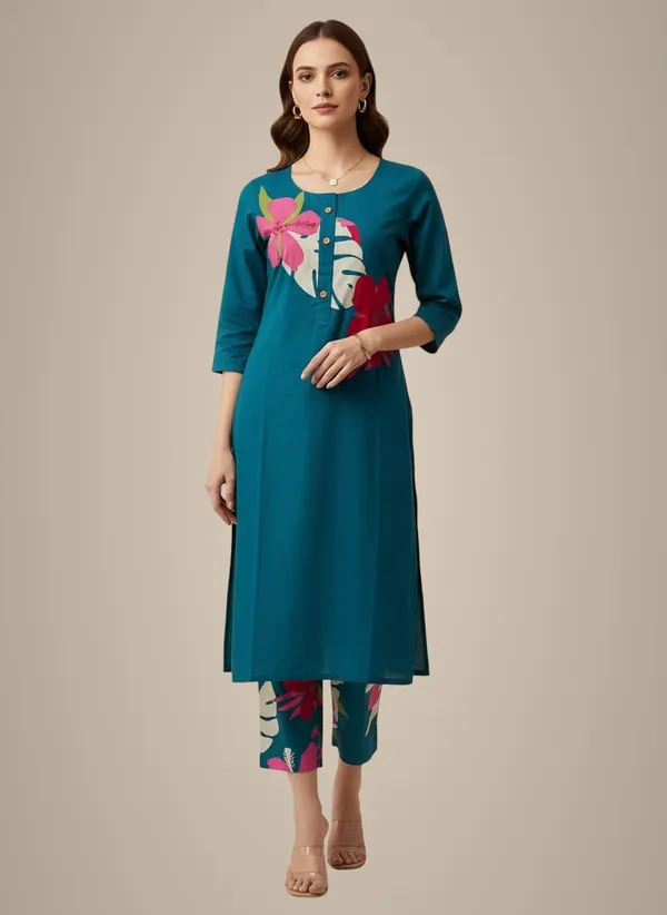 Navy_Blue_Patch_Work_Kurta_&_Printed_Pants_For_Women
