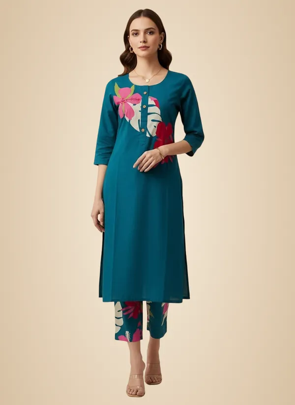 Navy_Blue_Patch_Work_Kurta_&_Printed_Pants_For_Women