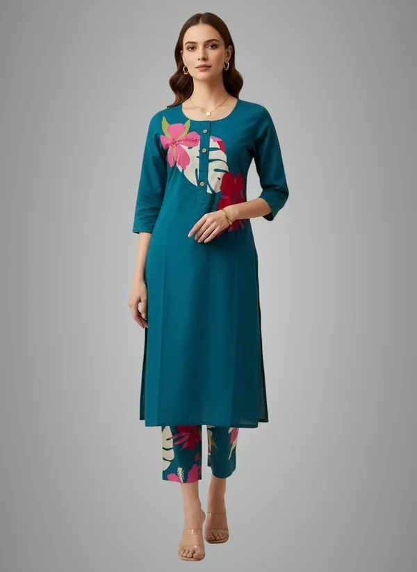 Navy_Blue_Patch_Work_Kurta_&_Printed_Pants_For_Women