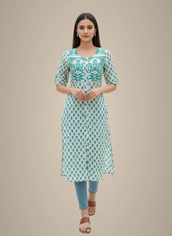 Bottle_Green_Aqua_Block_Print_Straight_Kurta_For_Women