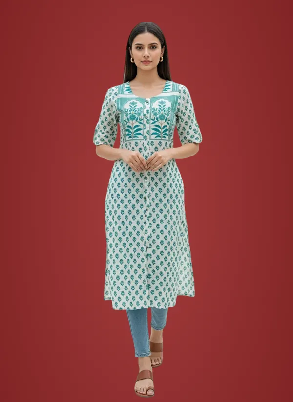 Bottle_Green_Aqua_Block_Print_Straight_Kurta_For_Women