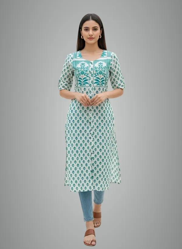 Bottle_Green_Aqua_Block_Print_Straight_Kurta_For_Women