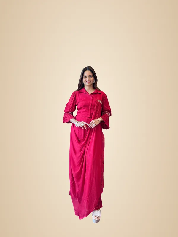 Red_Crimson_Drape-Style_Indo-Western_Dress_For_Women