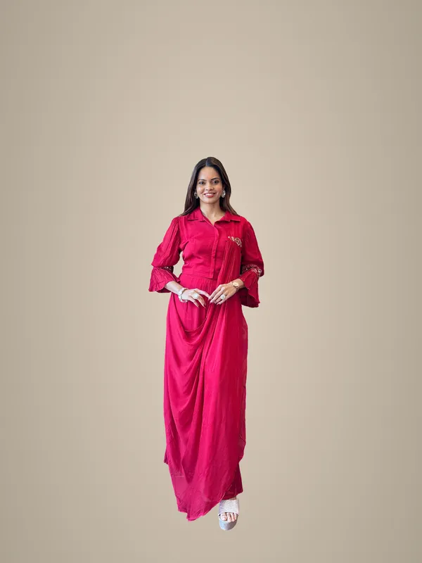 Red_Crimson_Drape-Style_Indo-Western_Dress_For_Women