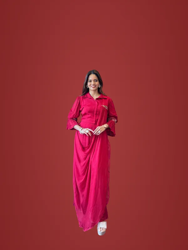 Red_Crimson_Drape-Style_Indo-Western_Dress_For_Women