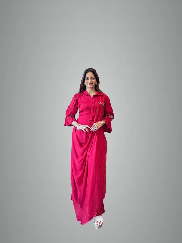 Red_Crimson_Drape-Style_Indo-Western_Dress_For_Women