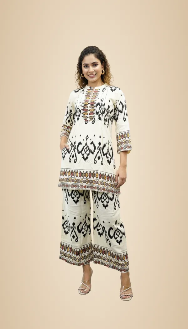Ivory_Geometric_Ikat_Tunic_And_Palazzo_Set_For_Women