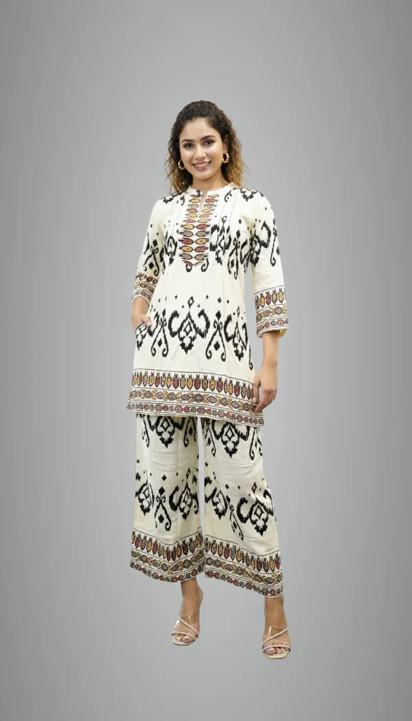 Ivory_Geometric_Ikat_Tunic_And_Palazzo_Set_For_Women