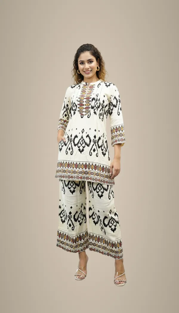 Ivory_Geometric_Ikat_Tunic_And_Palazzo_Set_For_Women