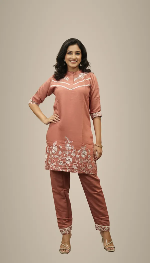 Dark_Peach_Dusty_Rose_Floral_Embroidered_Tunic_&_Trouser_Co-Ord_Set_For_Women