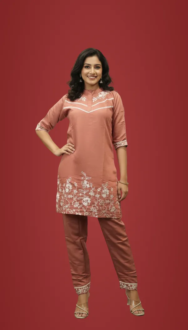 Dark_Peach_Dusty_Rose_Floral_Embroidered_Tunic_&_Trouser_Co-Ord_Set_For_Women