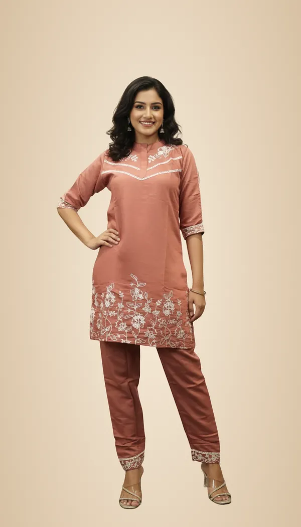 Dark_Peach_Dusty_Rose_Floral_Embroidered_Tunic_&_Trouser_Co-Ord_Set_For_Women