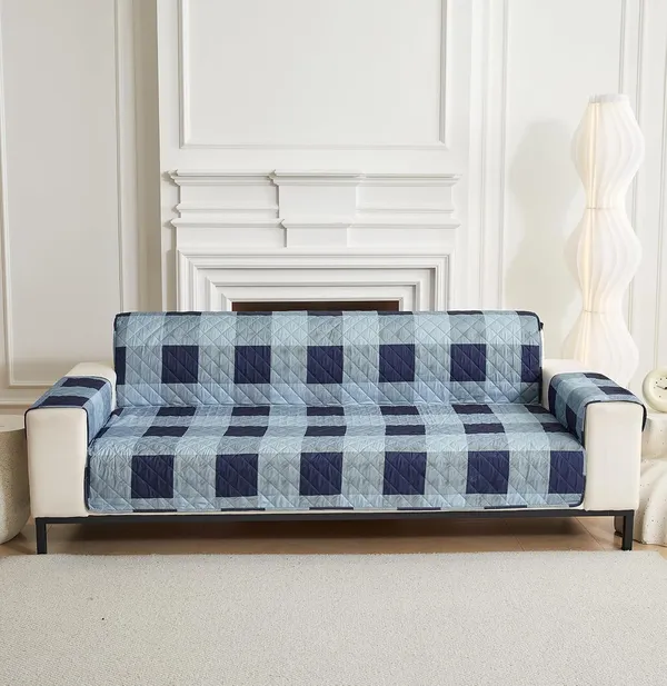 Check_Blue_Non_Slip_Quilted_Sofa_Protector_Mat_Thick_Printed_With_Strap_For_Home