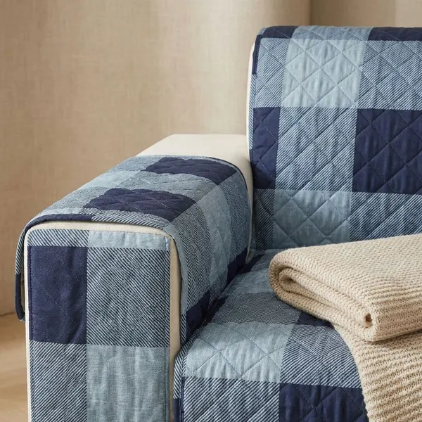 Check_Blue_Non_Slip_Quilted_Sofa_Protector_Mat_Thick_Printed_With_Strap_For_Home