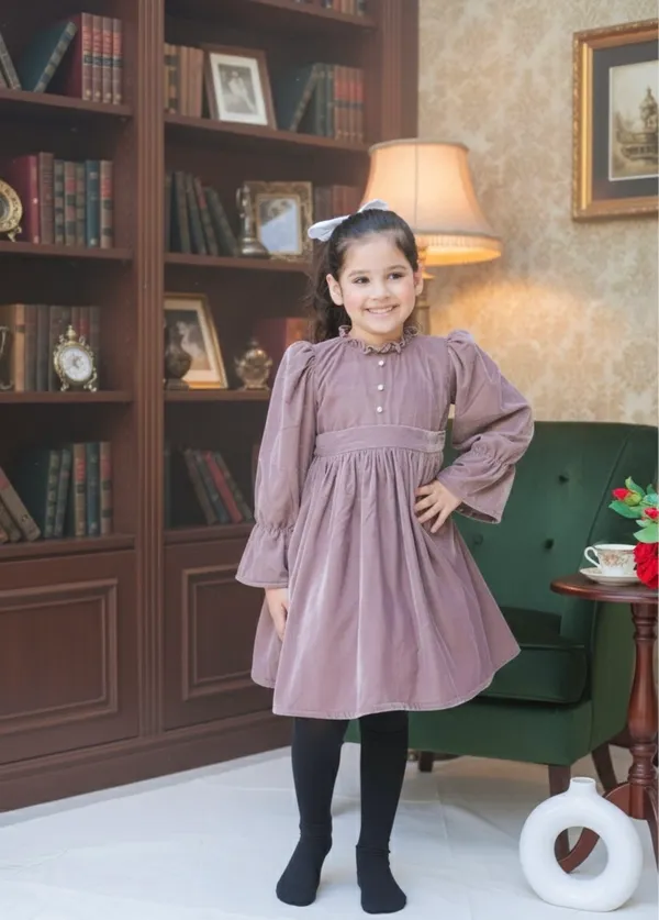 Taupe_Fit_And_Flare_Velvet_Puff_Sleeves_For_Girls