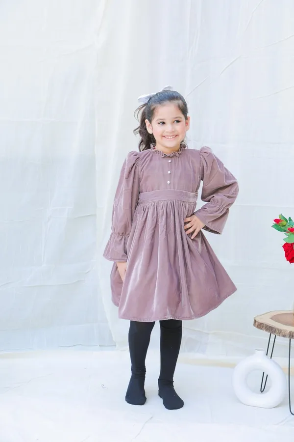 Taupe_Fit_And_Flare_Velvet_Puff_Sleeves_For_Girls