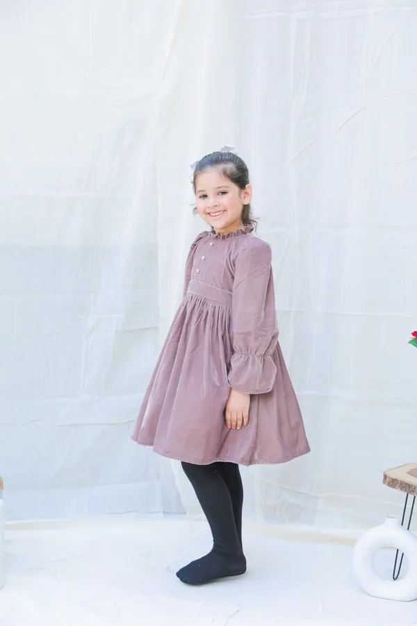 Taupe_Fit_And_Flare_Velvet_Puff_Sleeves_For_Girls
