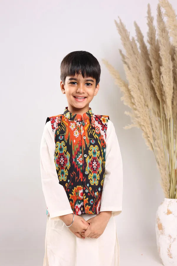 Cream_Pure_Cotton_Long_Sleeves_Solid_Knee_Length_Kurta_Sets_For_Boys