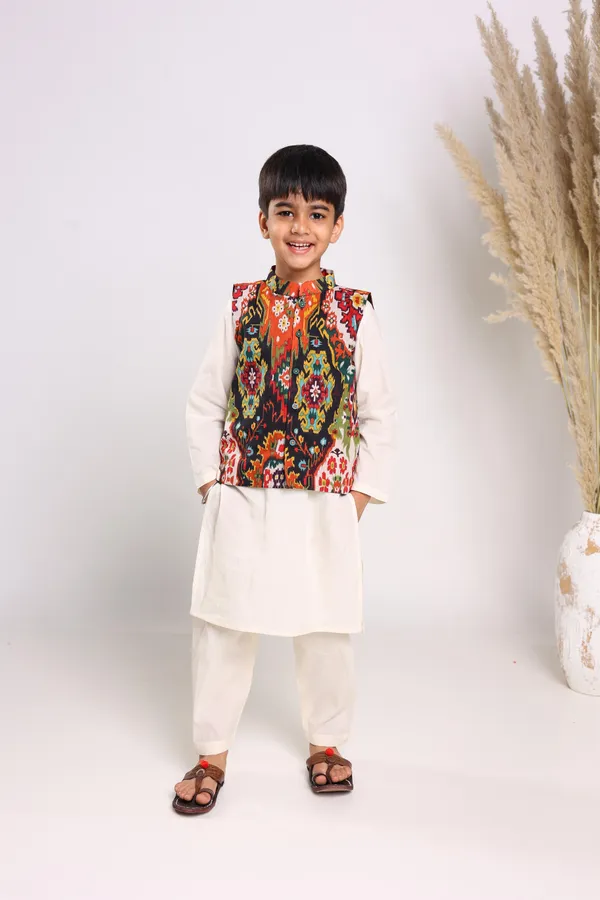Cream_Pure_Cotton_Long_Sleeves_Solid_Knee_Length_Kurta_Sets_For_Boys