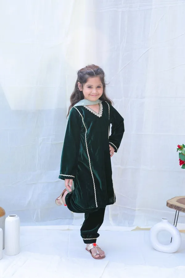 Green_V_Neck_Pearl_Work_Velvet_Kurta_With_Trousers_And_Dupattaforgirls