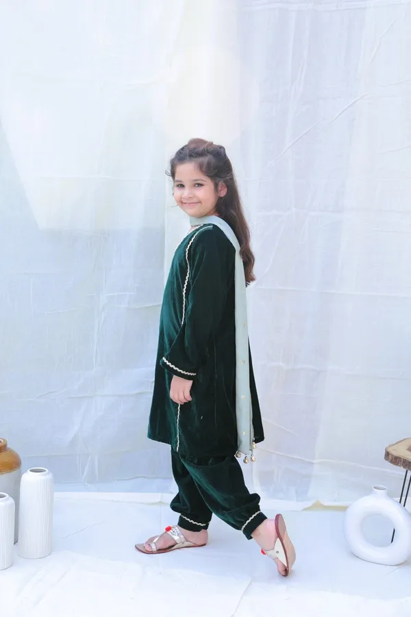 Green_V_Neck_Pearl_Work_Velvet_Kurta_With_Trousers_And_Dupattaforgirls