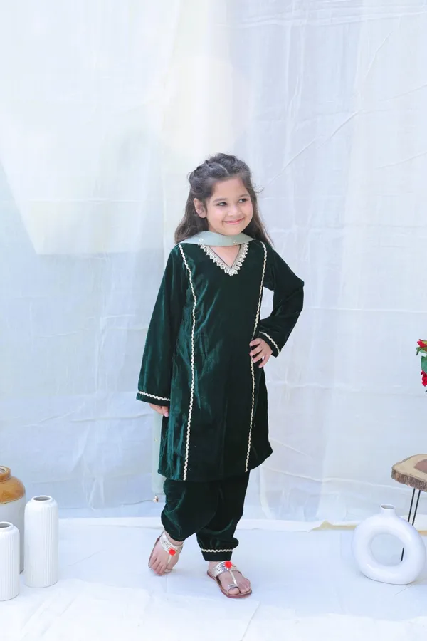Green_V_Neck_Pearl_Work_Velvet_Kurta_With_Trousers_And_Dupattaforgirls