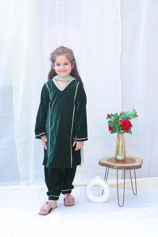 Green_V_Neck_Pearl_Work_Velvet_Kurta_With_Trousers_And_Dupattaforgirls