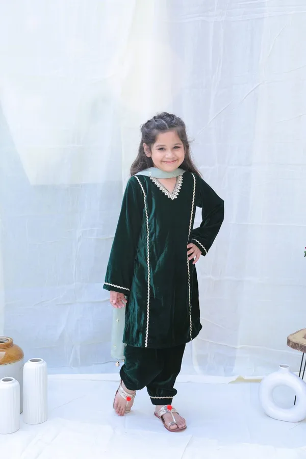 Green_V_Neck_Pearl_Work_Velvet_Kurta_With_Trousers_And_Dupattaforgirls