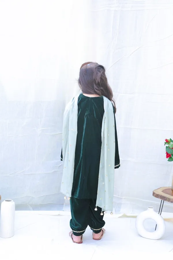 Green_V_Neck_Pearl_Work_Velvet_Kurta_With_Trousers_And_Dupattaforgirls