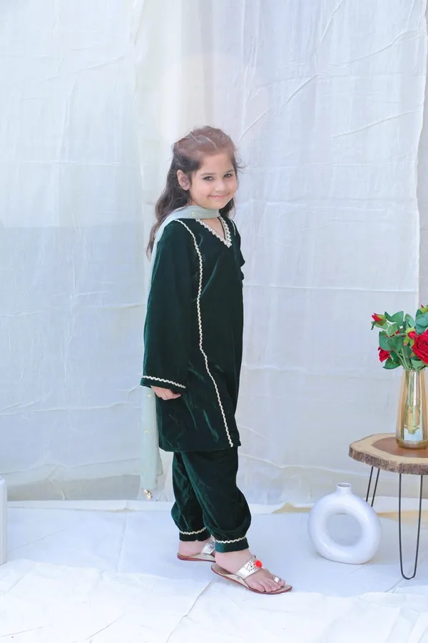 Green_V_Neck_Pearl_Work_Velvet_Kurta_With_Trousers_And_Dupattaforgirls