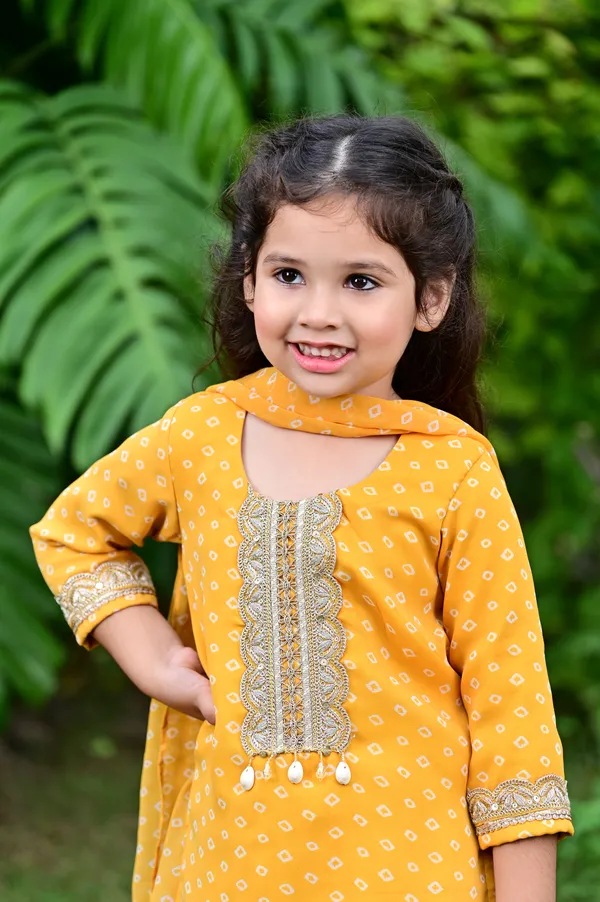 Yellow_Bandhani_Print_Georgette_Kurta_Sharara_Set_For_Girls