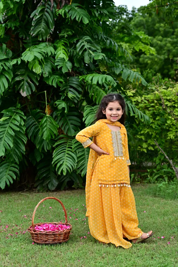 Yellow_Bandhani_Print_Georgette_Kurta_Sharara_Set_For_Girls