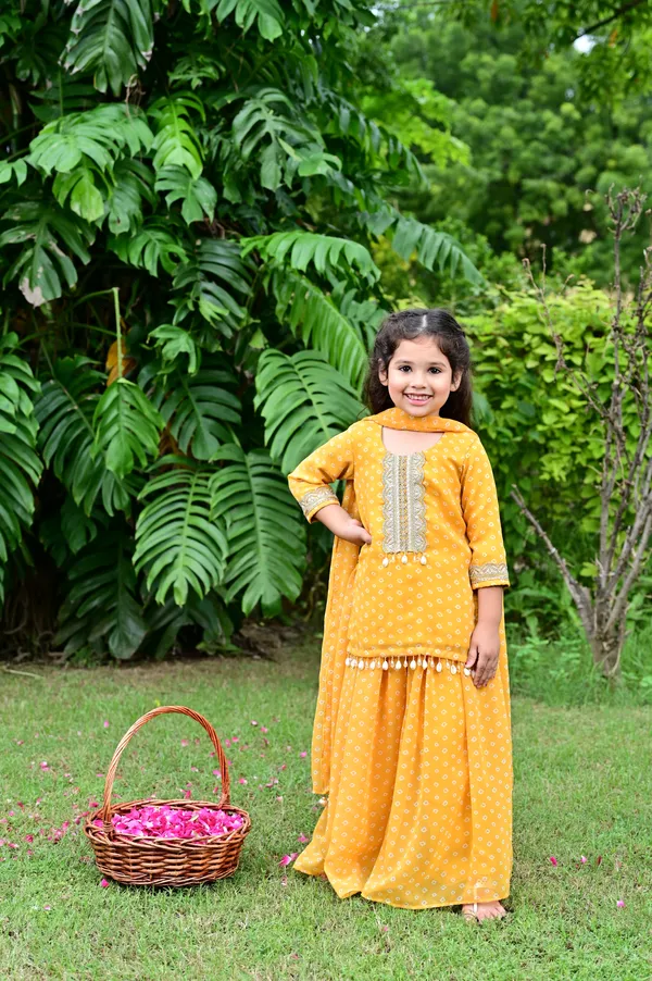 Yellow_Bandhani_Print_Georgette_Kurta_Sharara_Set_For_Girls