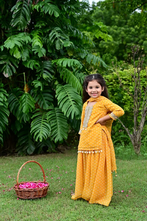 Yellow_Bandhani_Print_Georgette_Kurta_Sharara_Set_For_Girls