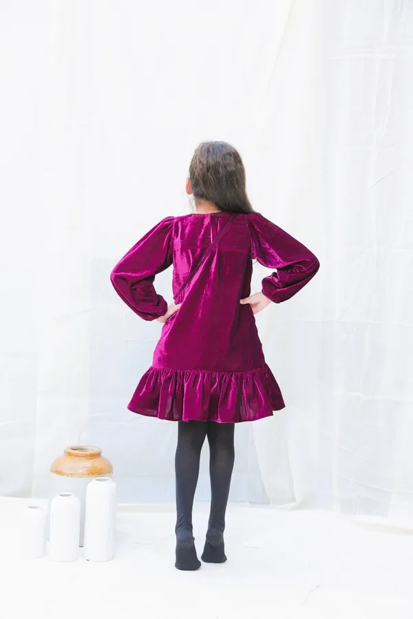 Burgundy_Fit_And_Flare_Velvet_Puff_Sleeves_For_Girls