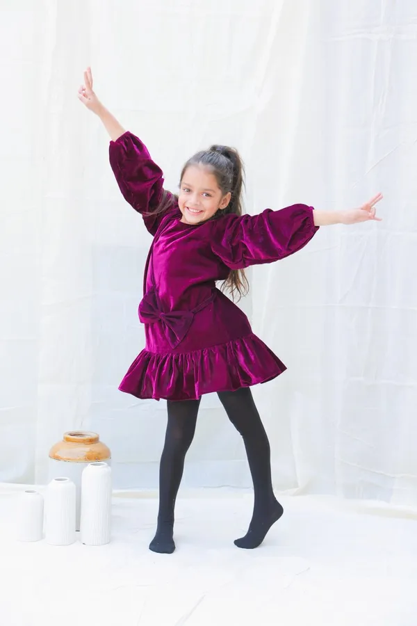 Burgundy_Fit_And_Flare_Velvet_Puff_Sleeves_For_Girls