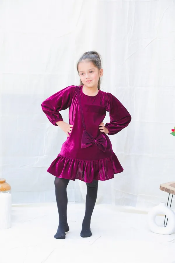 Burgundy_Fit_And_Flare_Velvet_Puff_Sleeves_For_Girls