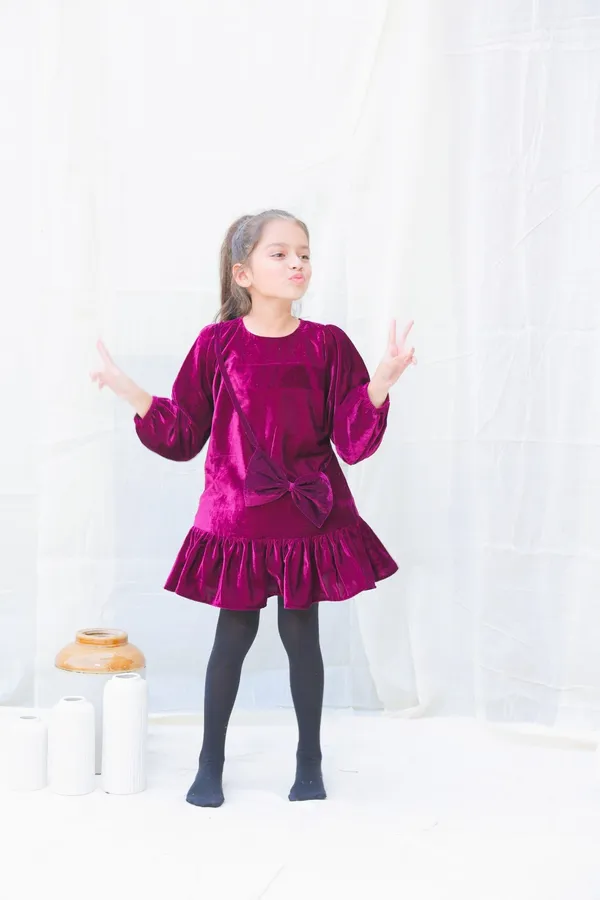 Burgundy_Fit_And_Flare_Velvet_Puff_Sleeves_For_Girls