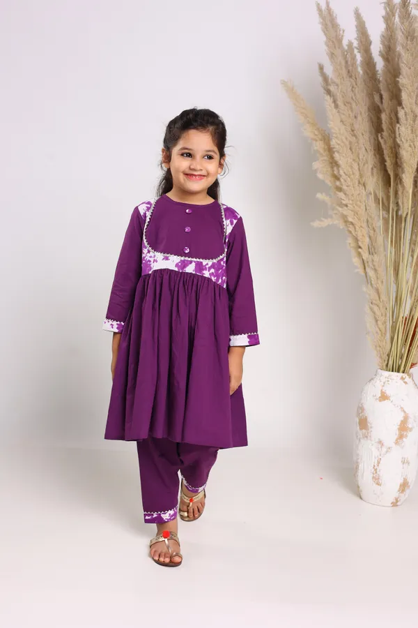 Purple_Pure_Cotton_Three_Quarter_Sleeves_Solid_Knee_Length_Kurta_Sets_For_Girls
