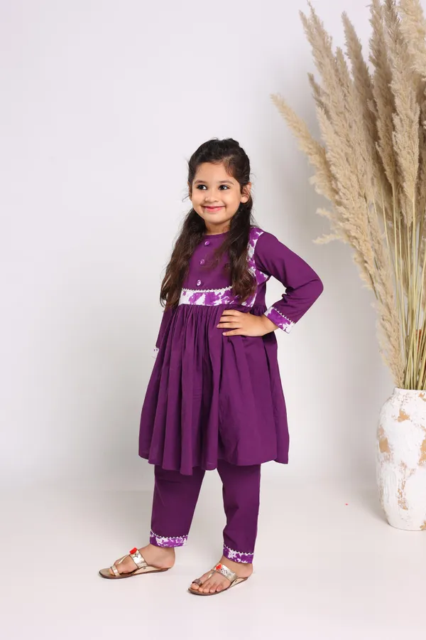 Purple_Pure_Cotton_Three_Quarter_Sleeves_Solid_Knee_Length_Kurta_Sets_For_Girls