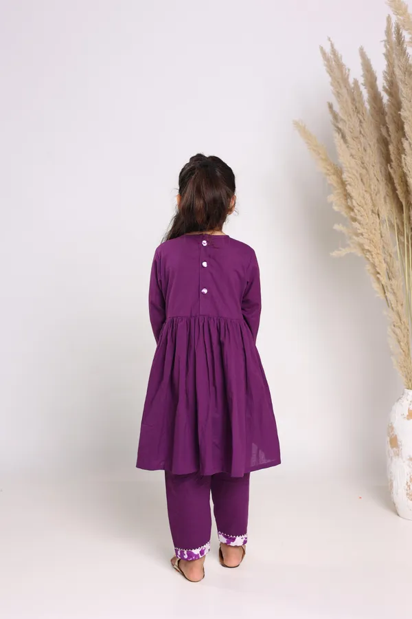 Purple_Pure_Cotton_Three_Quarter_Sleeves_Solid_Knee_Length_Kurta_Sets_For_Girls