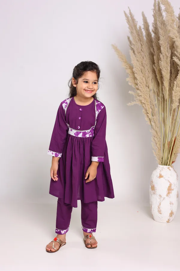 Purple_Pure_Cotton_Three_Quarter_Sleeves_Solid_Knee_Length_Kurta_Sets_For_Girls