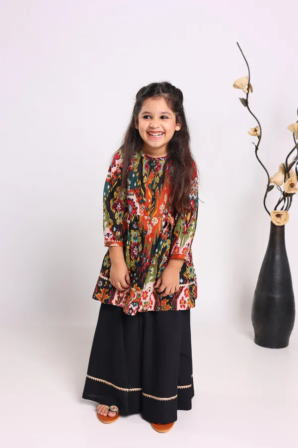 Multicolour_Pure_Cotton_Three_Quarter_Sleeves_Printed_Knee_Length_Kurta_Sets_For_Girls